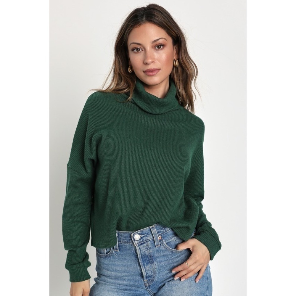 Lulus Seasonal Essential Green Waffle Knit Turtleneck Long Sleeve Top - Size XS
